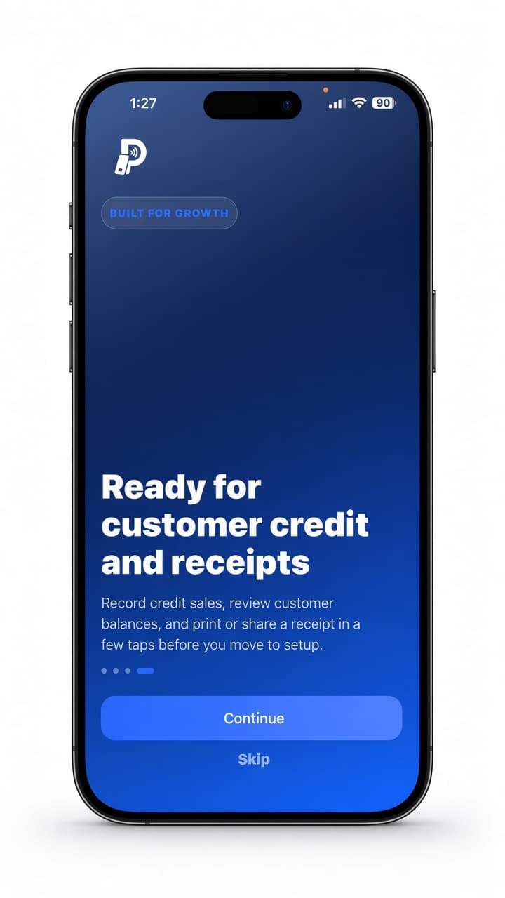 Ready for customer credit and receipts Poswaya app screen
